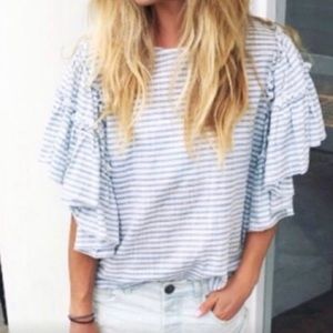 Blue White Stripe 100% Cotton Blouse Ruffle Sleeve